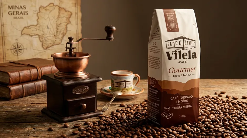 Xícara de Café Vilela Gourmet servida ao lado da embalagem da linha