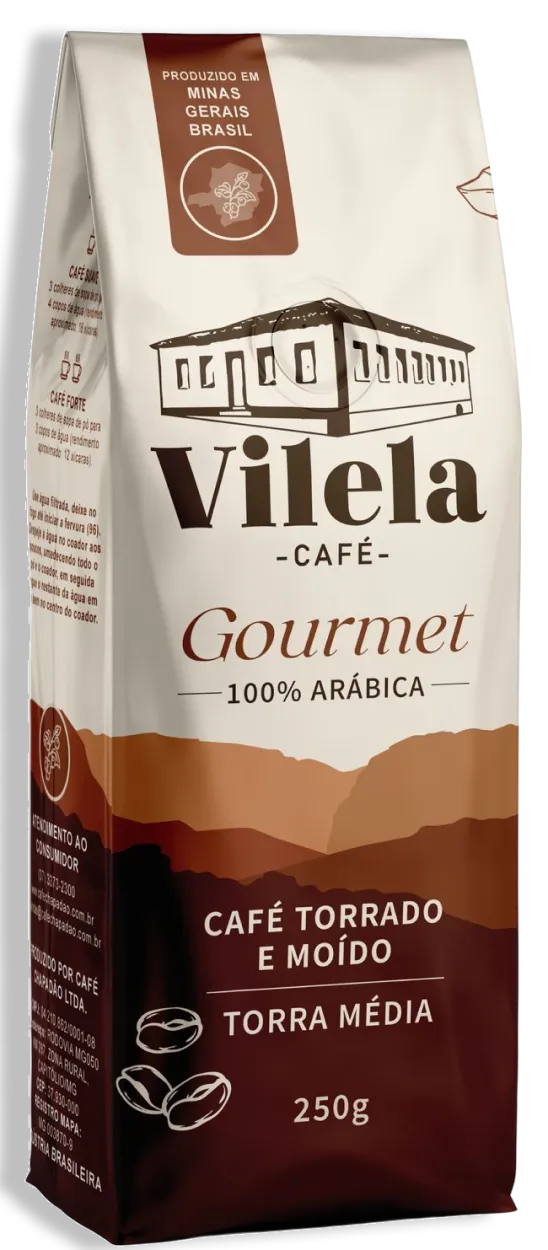 Embalagem pouch 250 g do Café Vilela Gourmet 100% Arábica