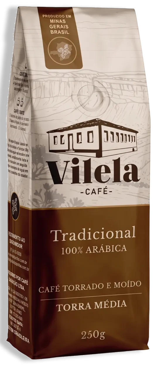 Embalagem pouch 250 g do Café Vilela Tradicional 100% Arábica