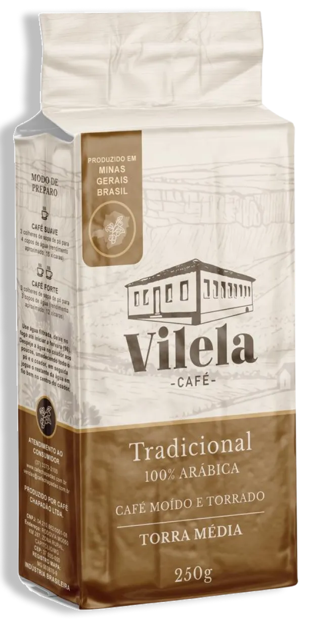 Embalagem a vácuo 250 g do Café Vilela Tradicional torrado e moído