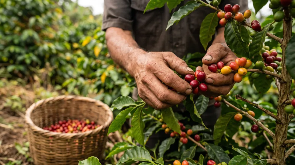 Ramo de café carregado de frutos maduros e frutos passa, prontos para a colheita