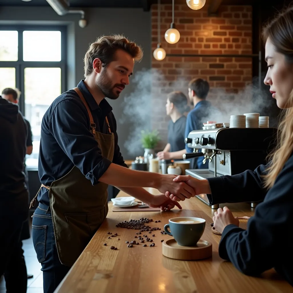 Aperto de mãos e atendimento próximo entre barista e cliente no balcão