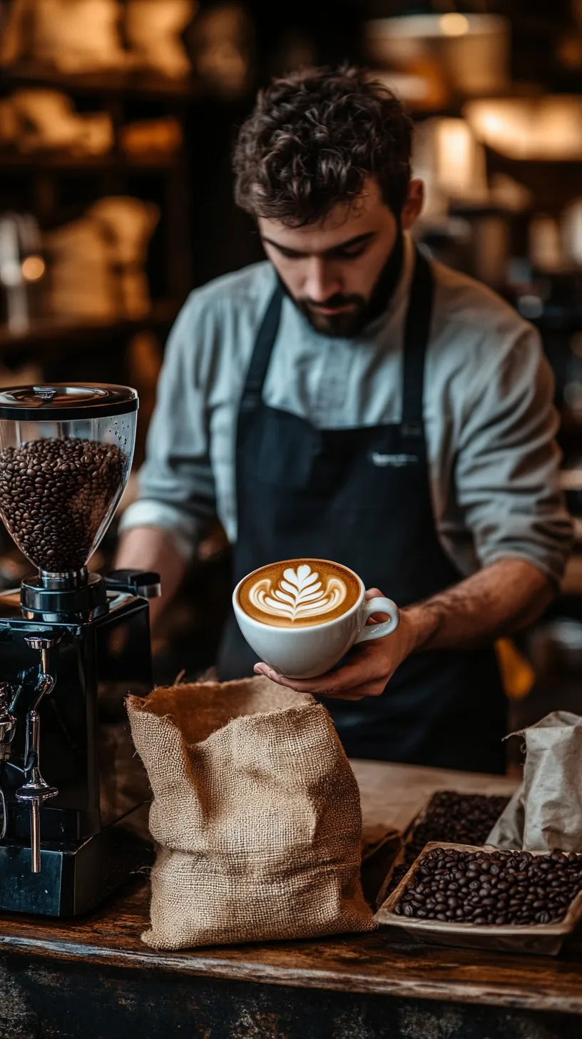 Barista finalizando um café com latte art no balcão, ao lado de grãos recém-torrados